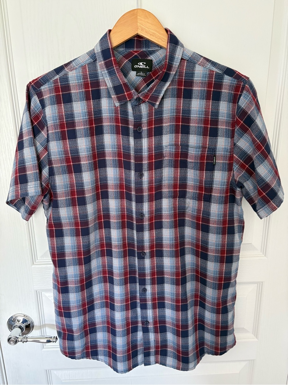 O'Neill Men's Short Sleeve Plaid Button-Up - Navy, Red & Light Blue